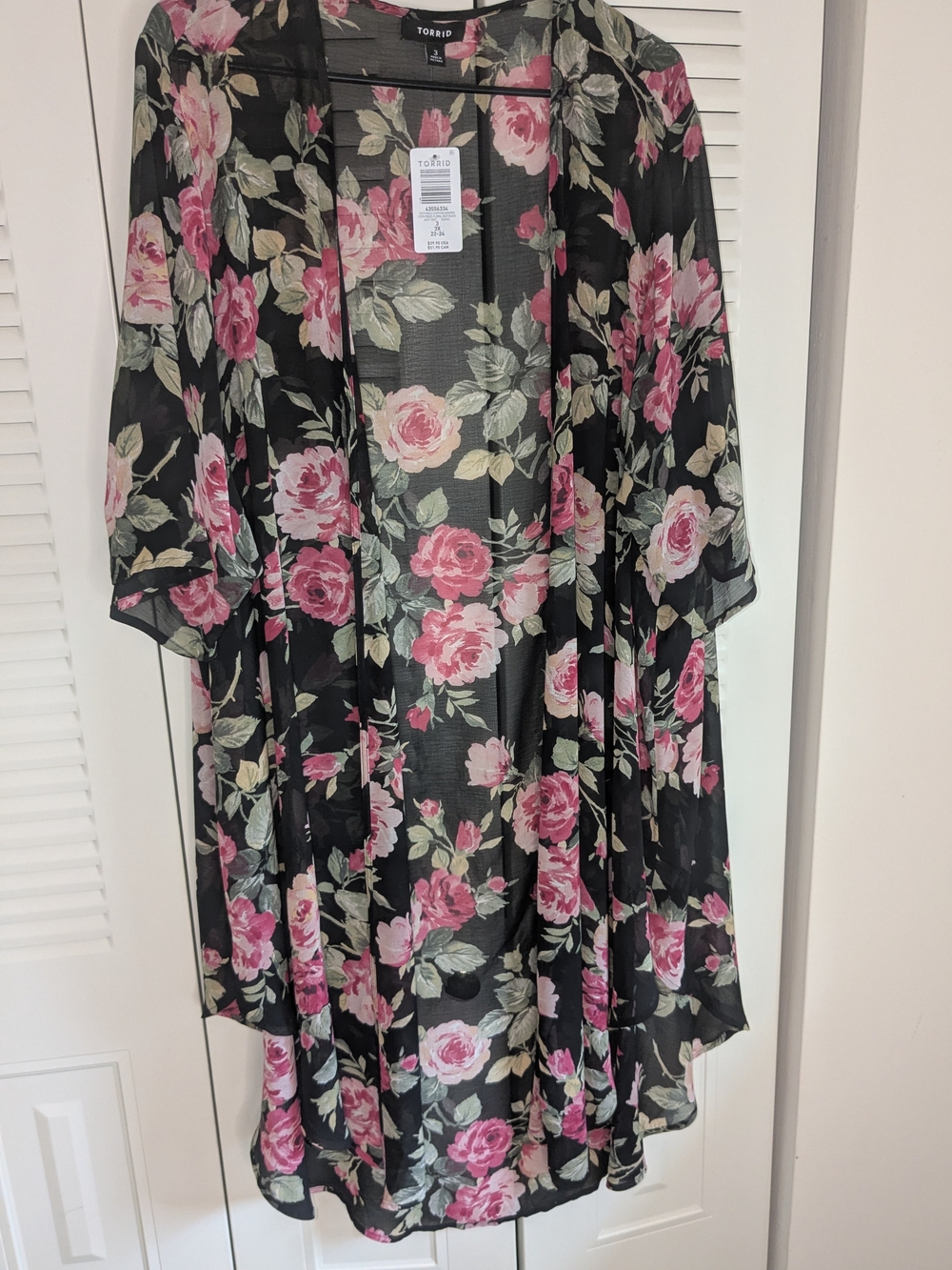torrid Black Sheer Floral Kimono with Pink Roses